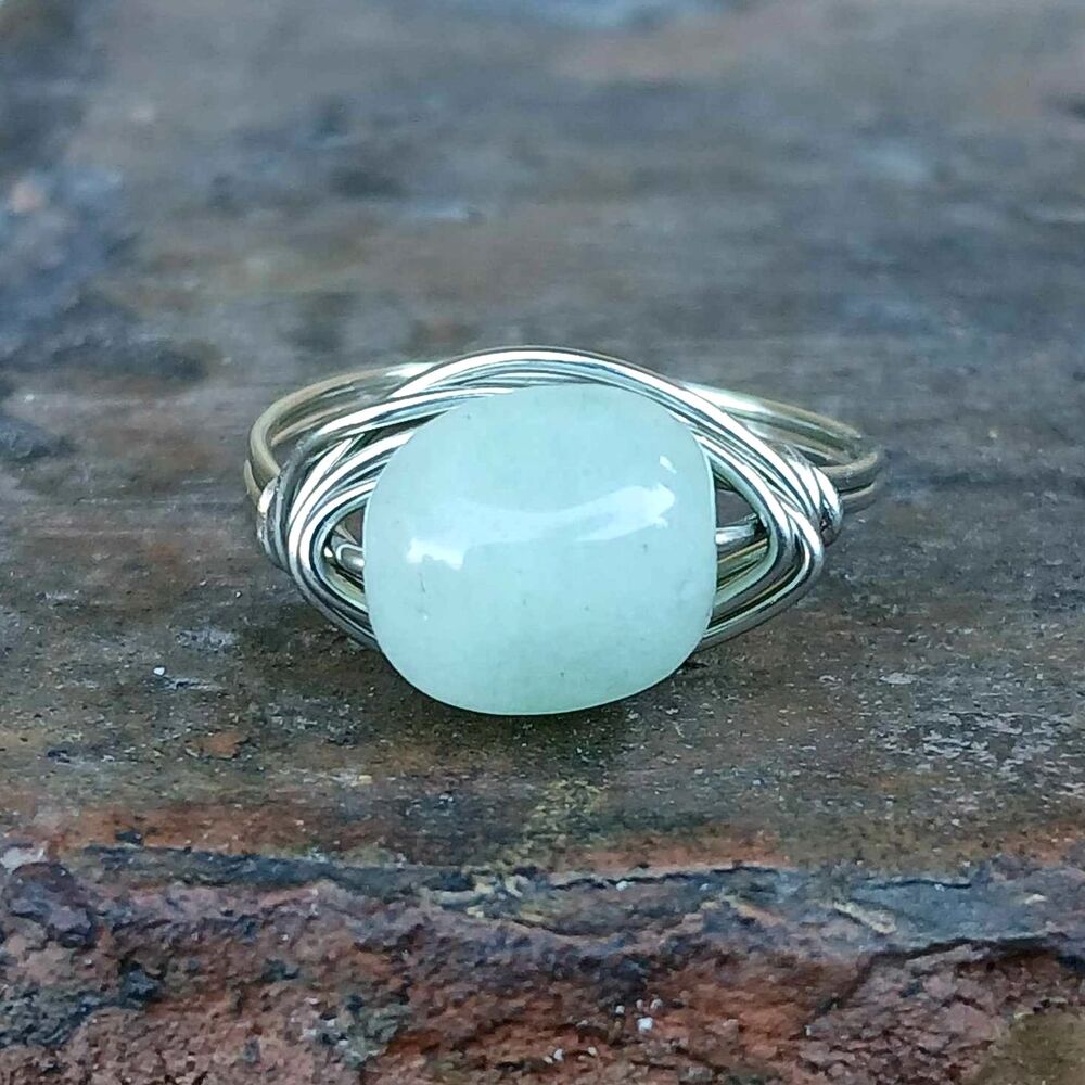 Polished Aventurine Quartz Crystal Beaded Ring, Wire Wrapped, Silver, Size 9